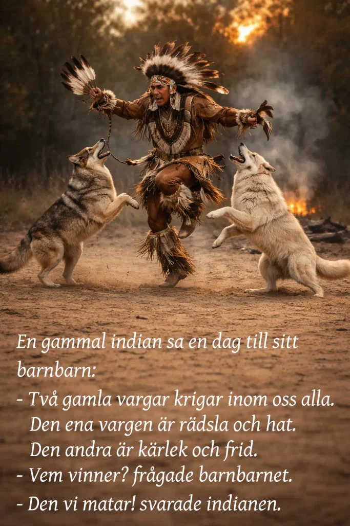 En gammal indian sa en dag till sitt barnbarn: Två gamla vargar krigar inom oss alla. Den ena vargen är rädsla och hat. Den andra är kärlek och frid. Vem vinner? frågade barnbarnet. Den vi matar! svarade indianen.